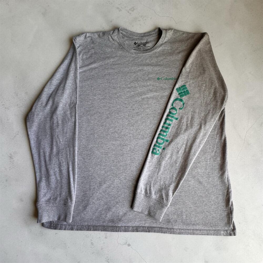 Columbia Mens XXL Heather Gray Long Sleeve Graphic T-Shirt Green Sleeve Logo Tee